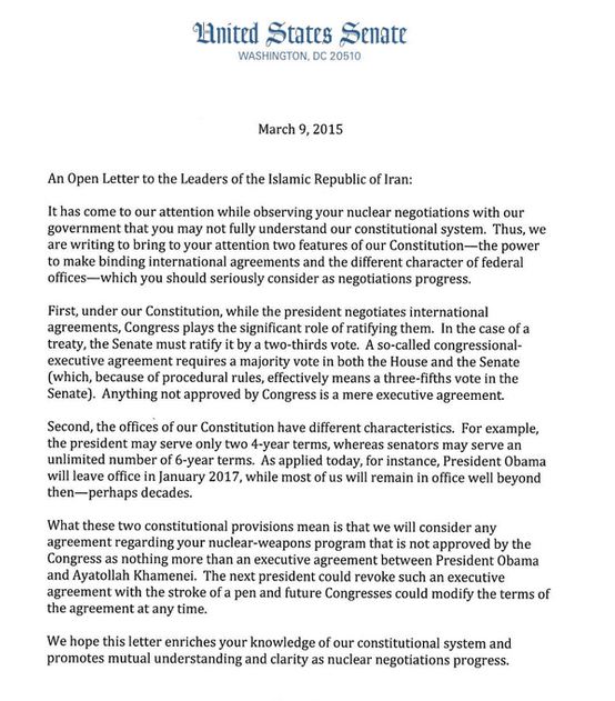TEXT OF SENATE LETTER TO IRAN